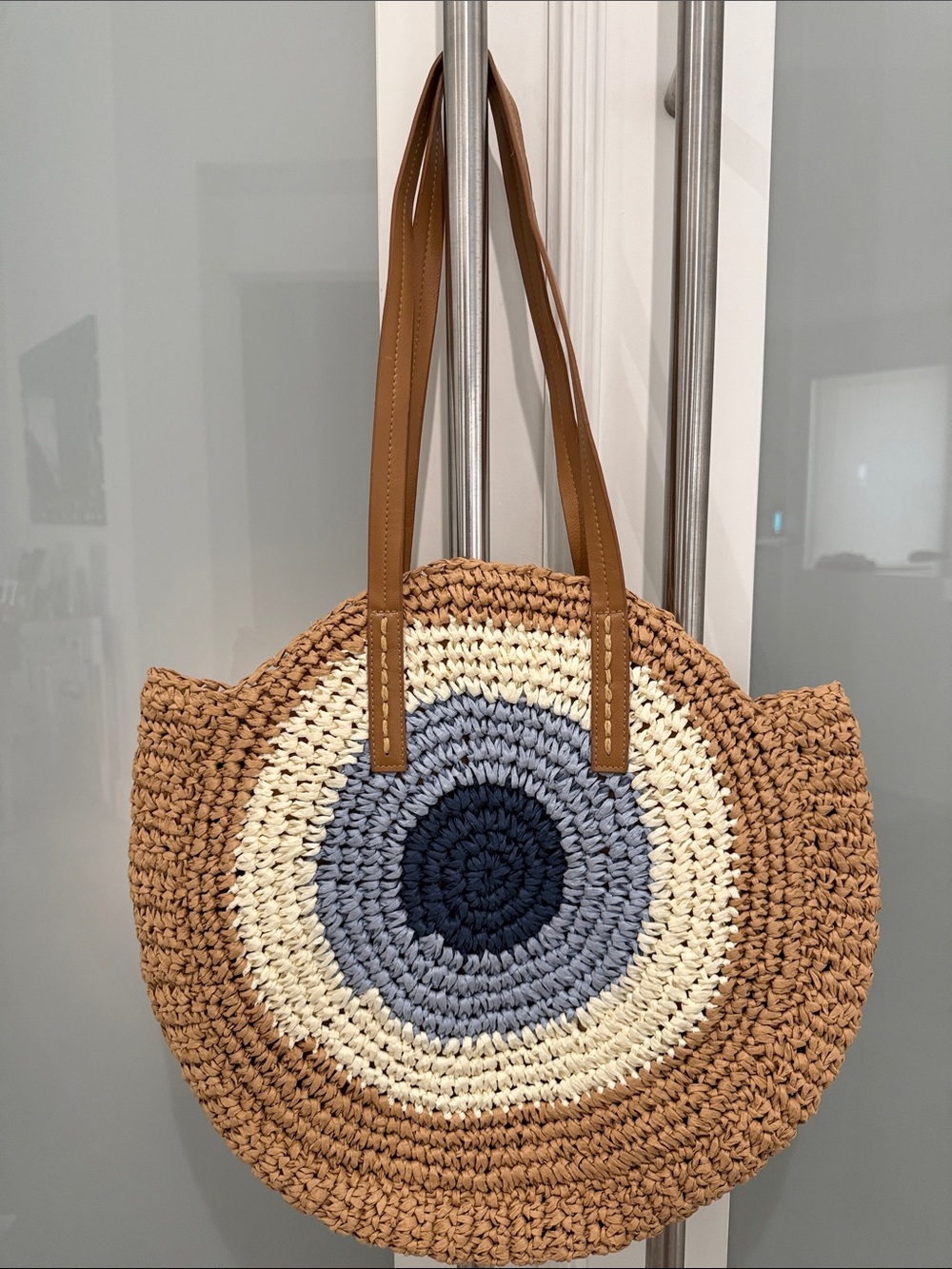 ARIA Woven “Evil Eye” Straw Tote Bag in Tan, Cream & Blue